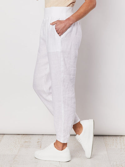 Ribbed Waist Linen Pant - White