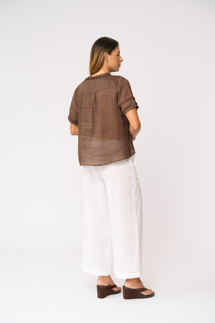 Foil clothing modeling a brown short-sleeve blouse with intricate lace and ruffle details on the front, paired with white wide-leg pants and black sandals, against a plain white studio background. Back view.