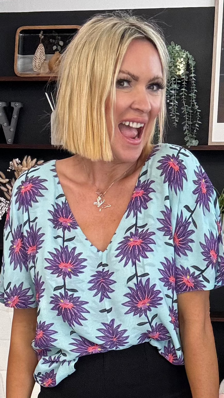 Georgie Aqua Flower Top