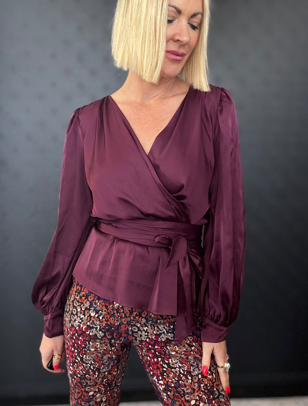 Satin Faux Wrap Blouse - Black Cherry