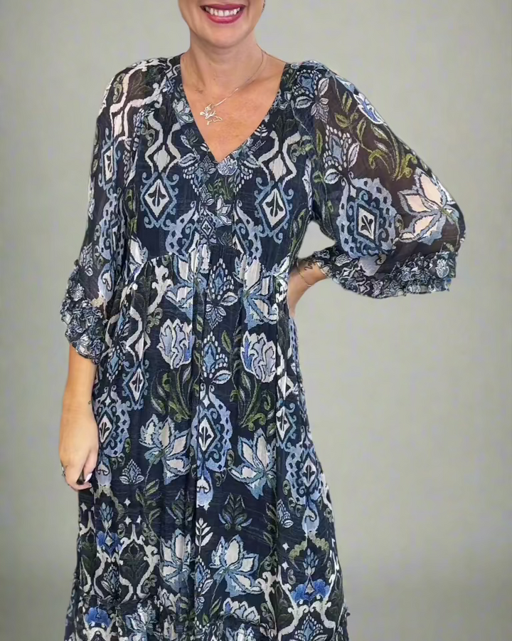 Lucca Midi Dress - Indigo Multi Size 18