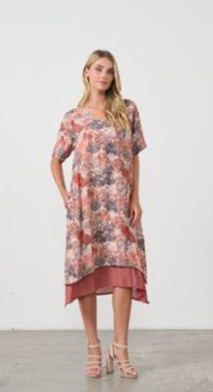 Double Layer Native Trees Printed  Dress