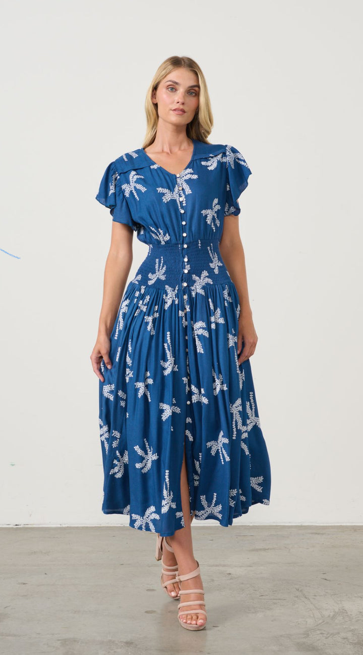 Palms Print Shirred Waist Dress
