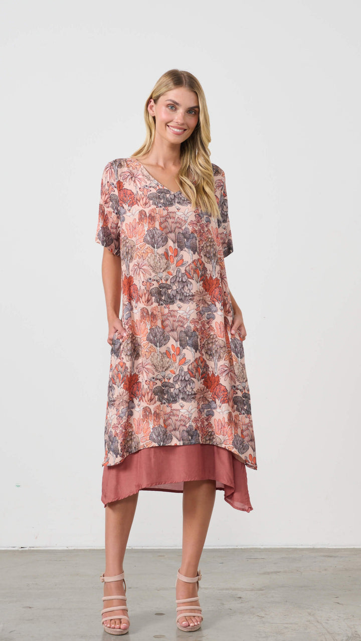 Double Layer Native Trees Printed  Dress