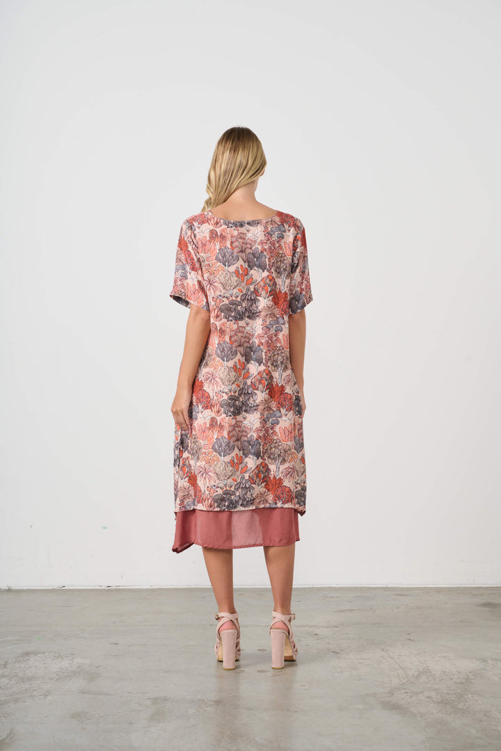 Double Layer Native Trees Printed  Dress