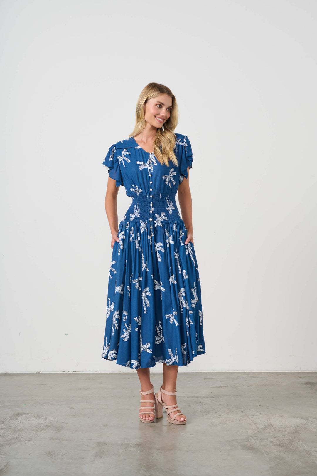 Palms Print Shirred Waist Dress