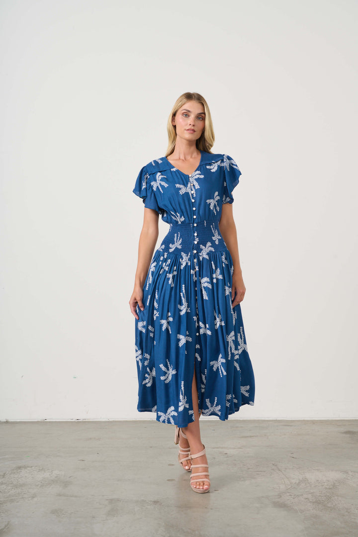 Palms Print Shirred Waist Dress