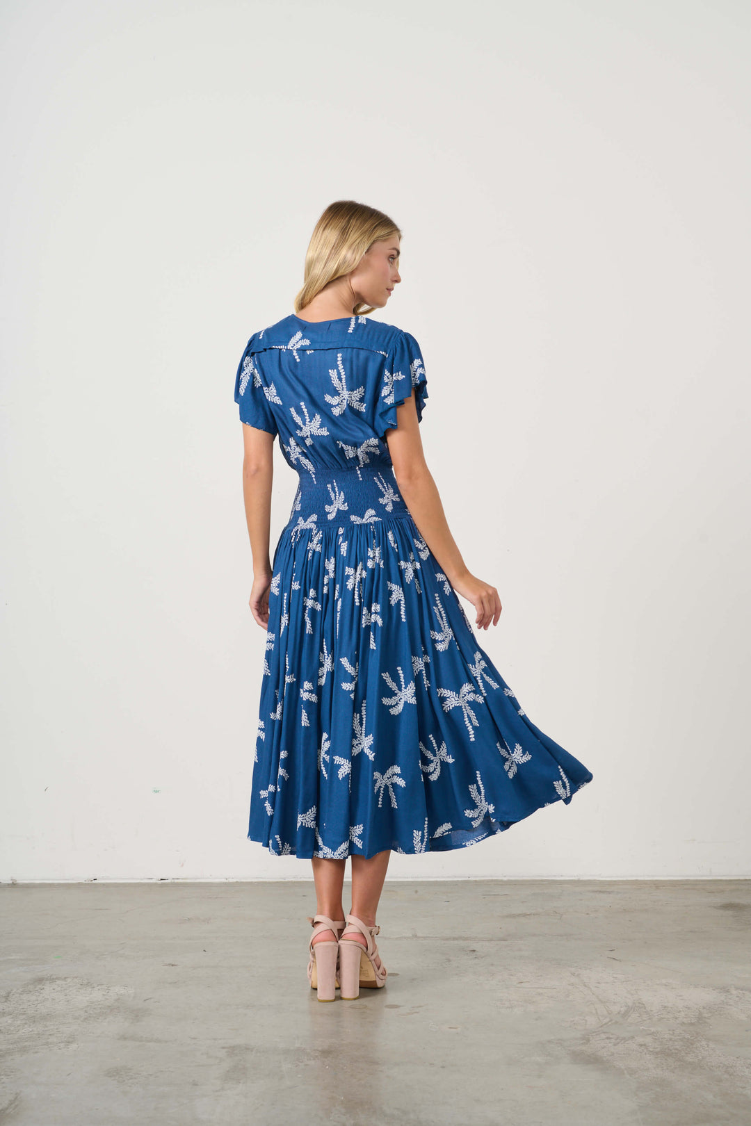 Palms Print Shirred Waist Dress