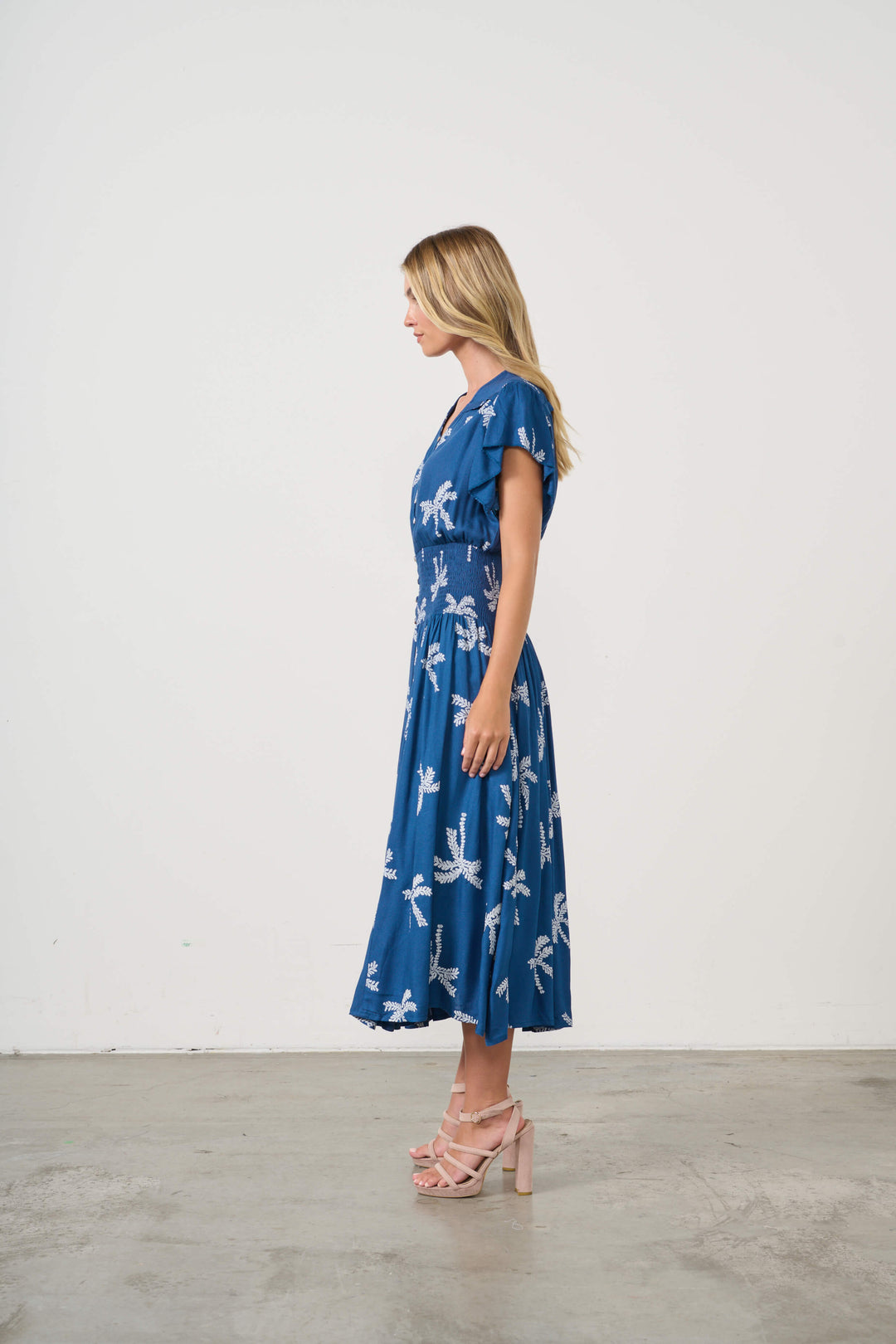 Palms Print Shirred Waist Dress