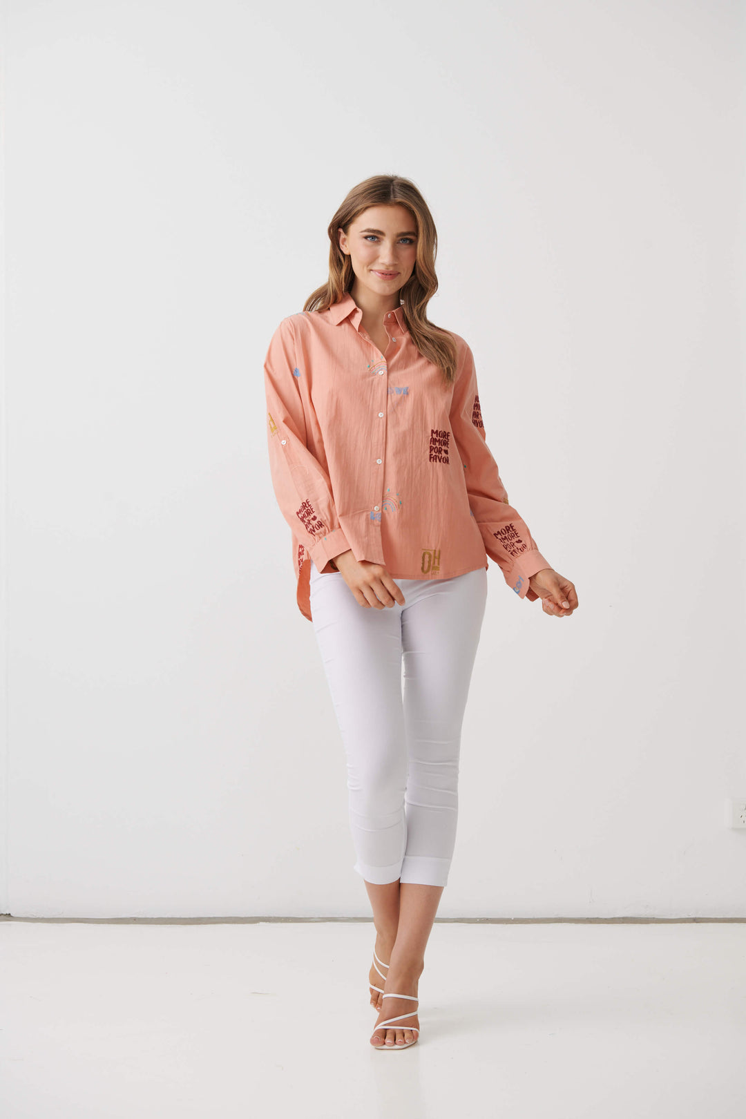 Holmes &amp; Fallon More Amore shirt in peach, collared button-up with long sleeves.