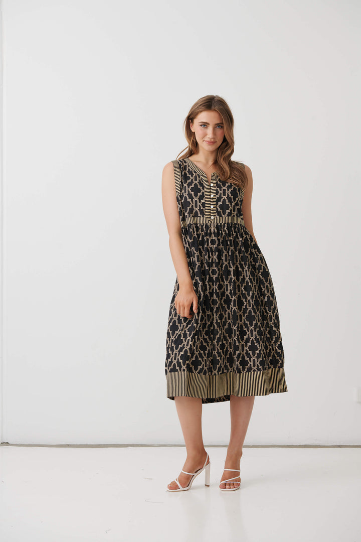 Black sleeveless midi dress with repeating trellis pattern and V-neck
