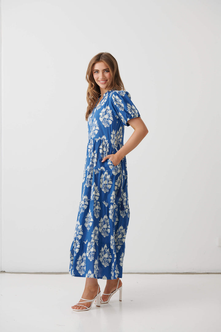 Blue floral block maxi dress with short sleeves and tiered skirt