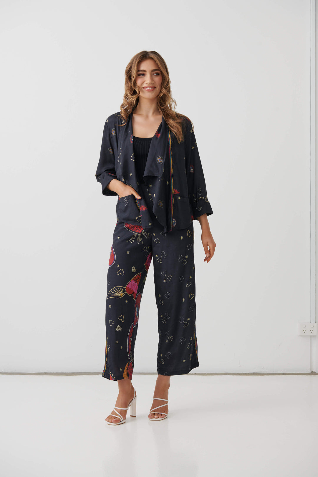 Dark hearts print camisole with spaghetti straps and red trim, worn under kimono