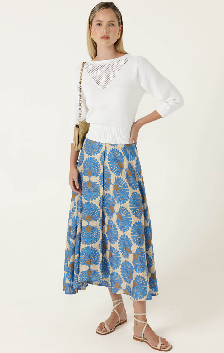 Sacha Drake Ambrosia blue-tan floral midi skirt, A-line with gathered waistband