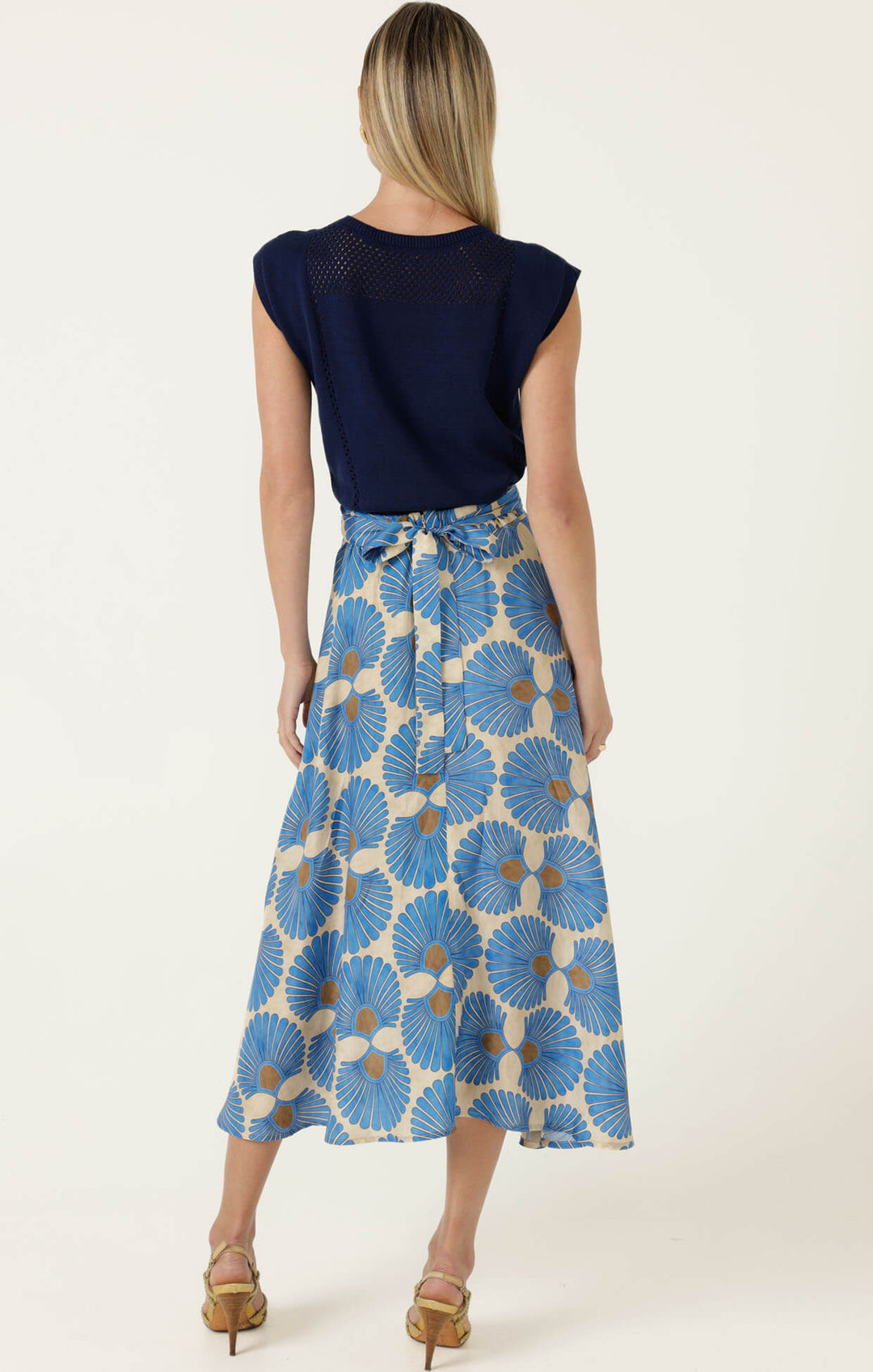 Sacha Drake Ambrosia blue-tan floral midi skirt, back view, flared hem