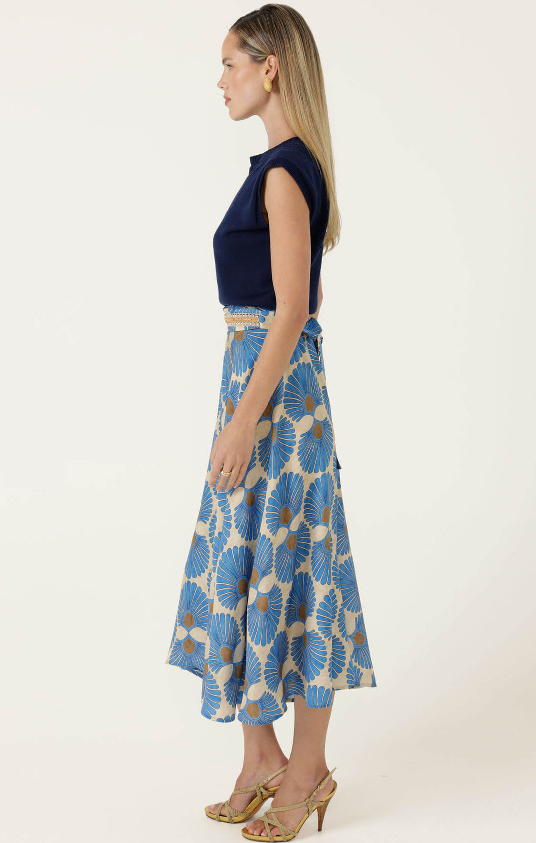 Sacha Drake Ambrosia blue-tan floral midi skirt with flared A-line silhouette