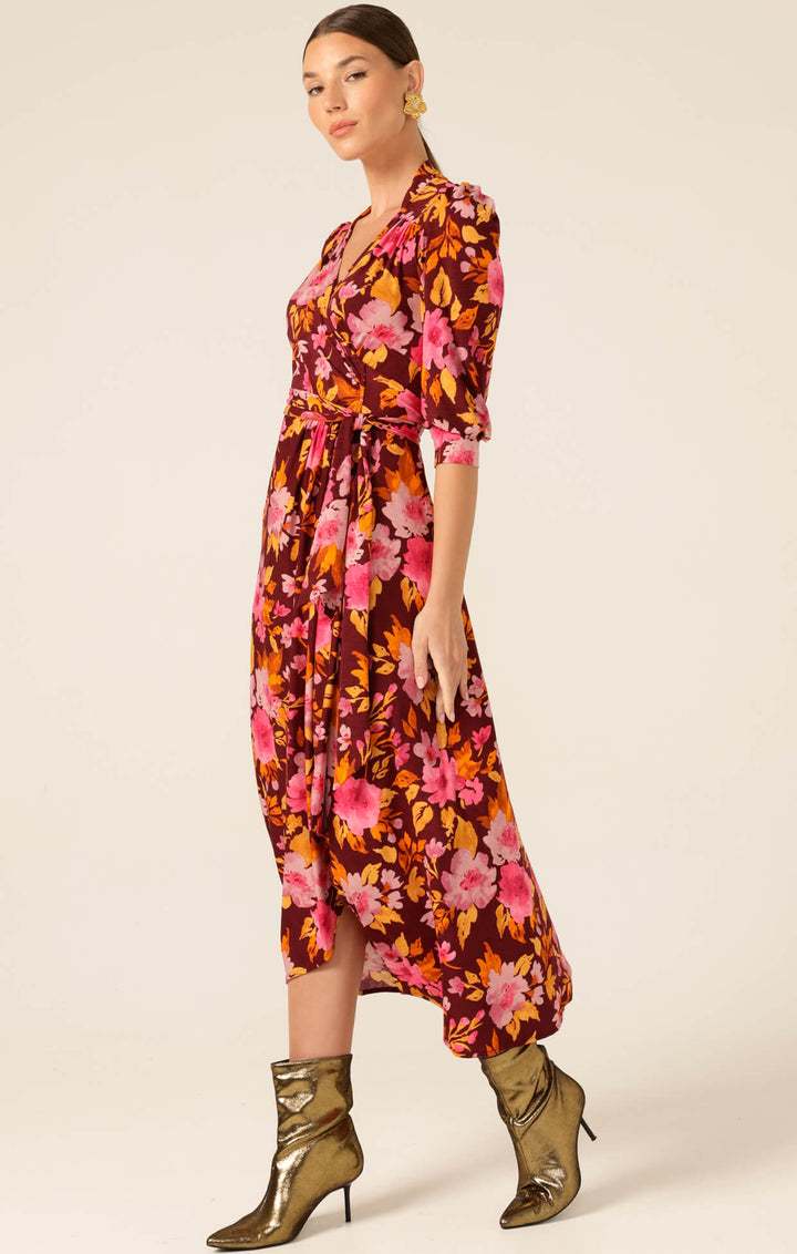 Autumn Leaf Wrap Dress - Pink/Orange
