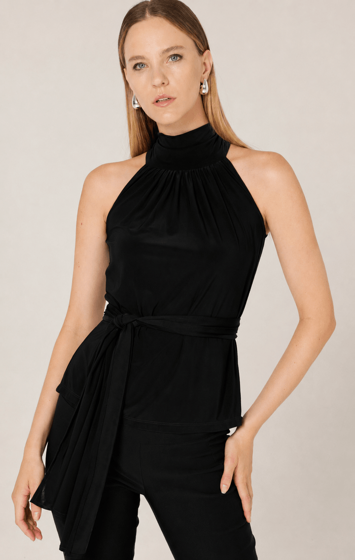 Black sleeveless high-neck tie waist top with pleated front