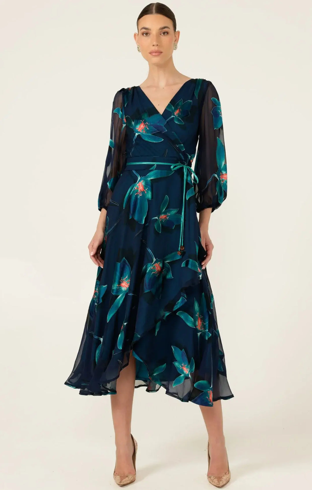 Navy floral wrap midi dress with teal print, V-neck, tie belt, layered chiffon hem