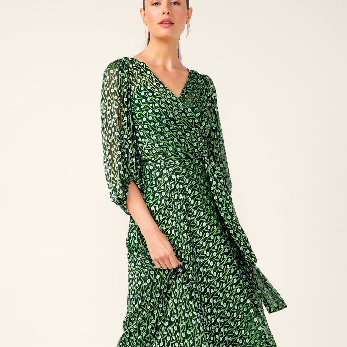 Wonderland Midi Wrap Dress - Emerald Poppy