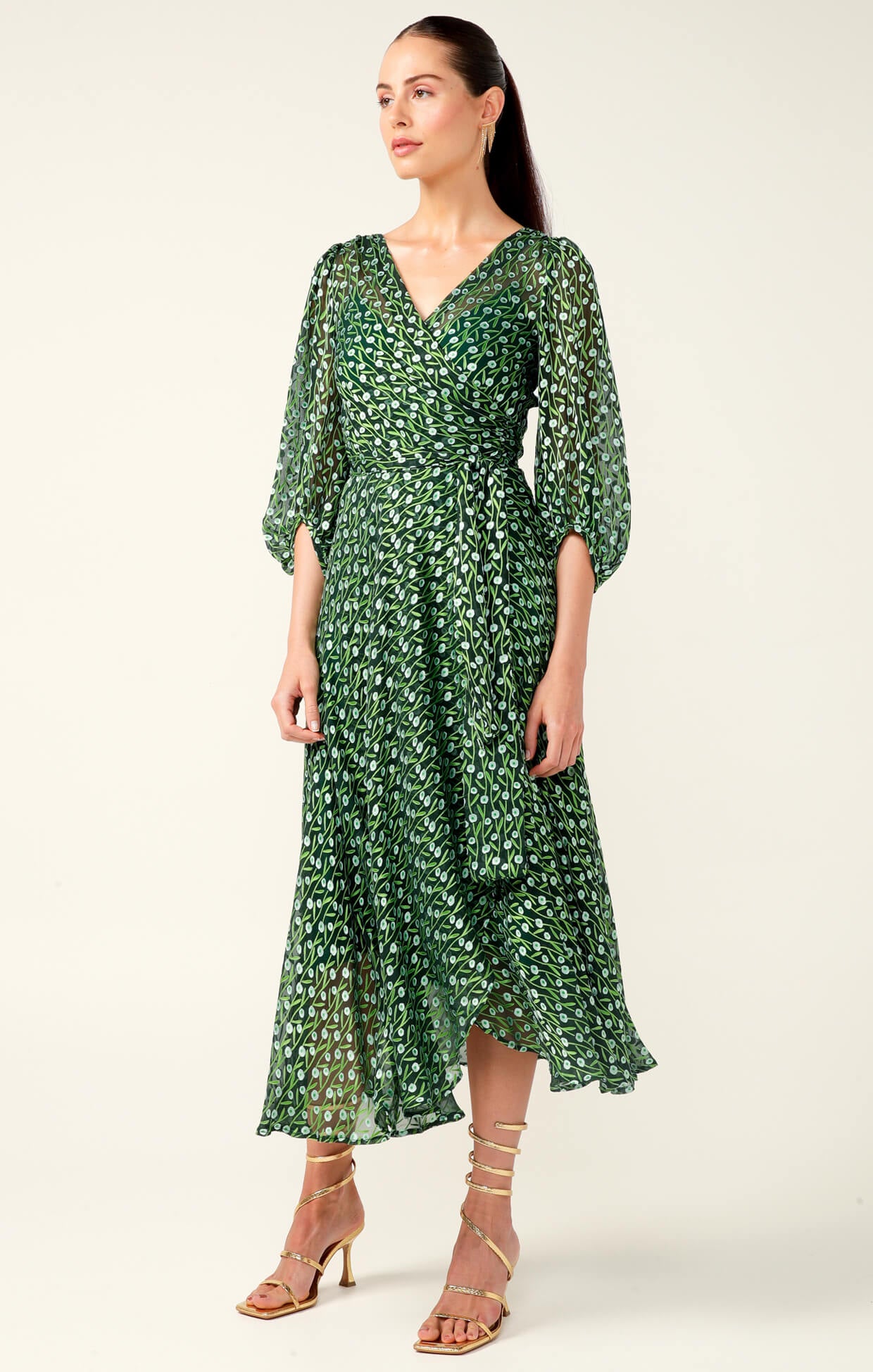 Wonderland Midi Wrap Dress - Emerald Poppy