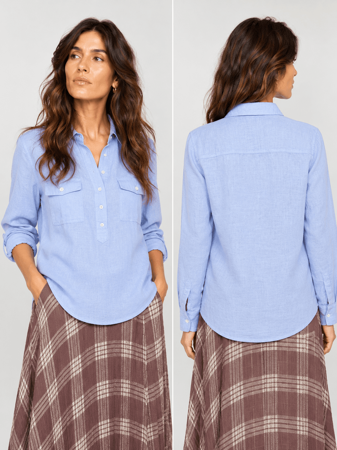 Mos Mosh woman wearing a light blue long-sleeve button-up shirt with two chest pockets and a brown plaid skirt, standing against a light gray studio background.