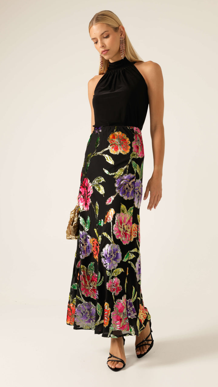 Night Flower Bias Skirt - Black Multi