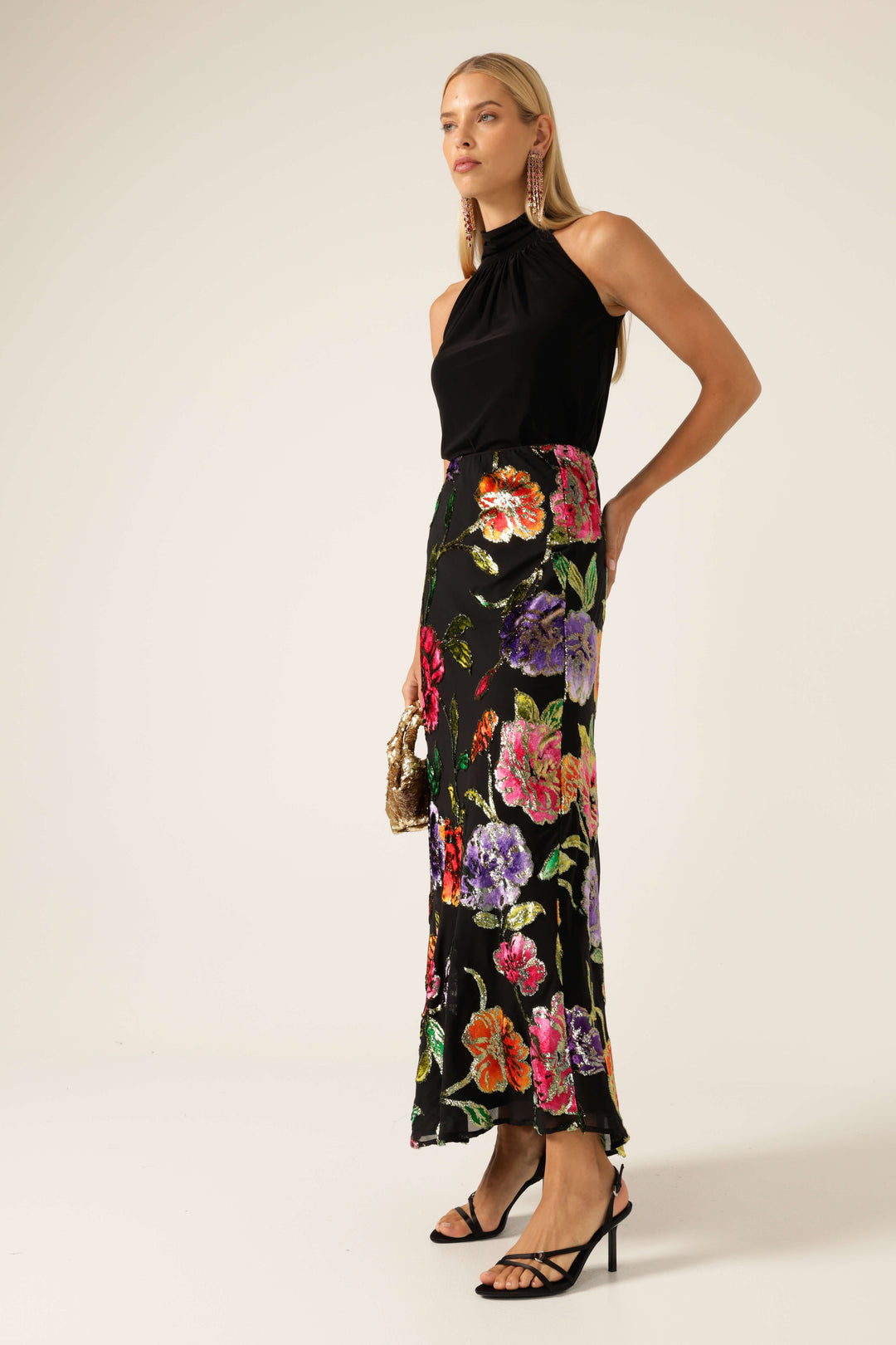 Night Flower Bias Skirt - Black Multi