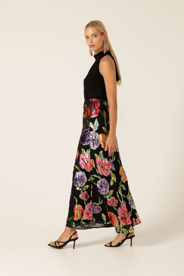 Night Flower Bias Skirt - Black Multi