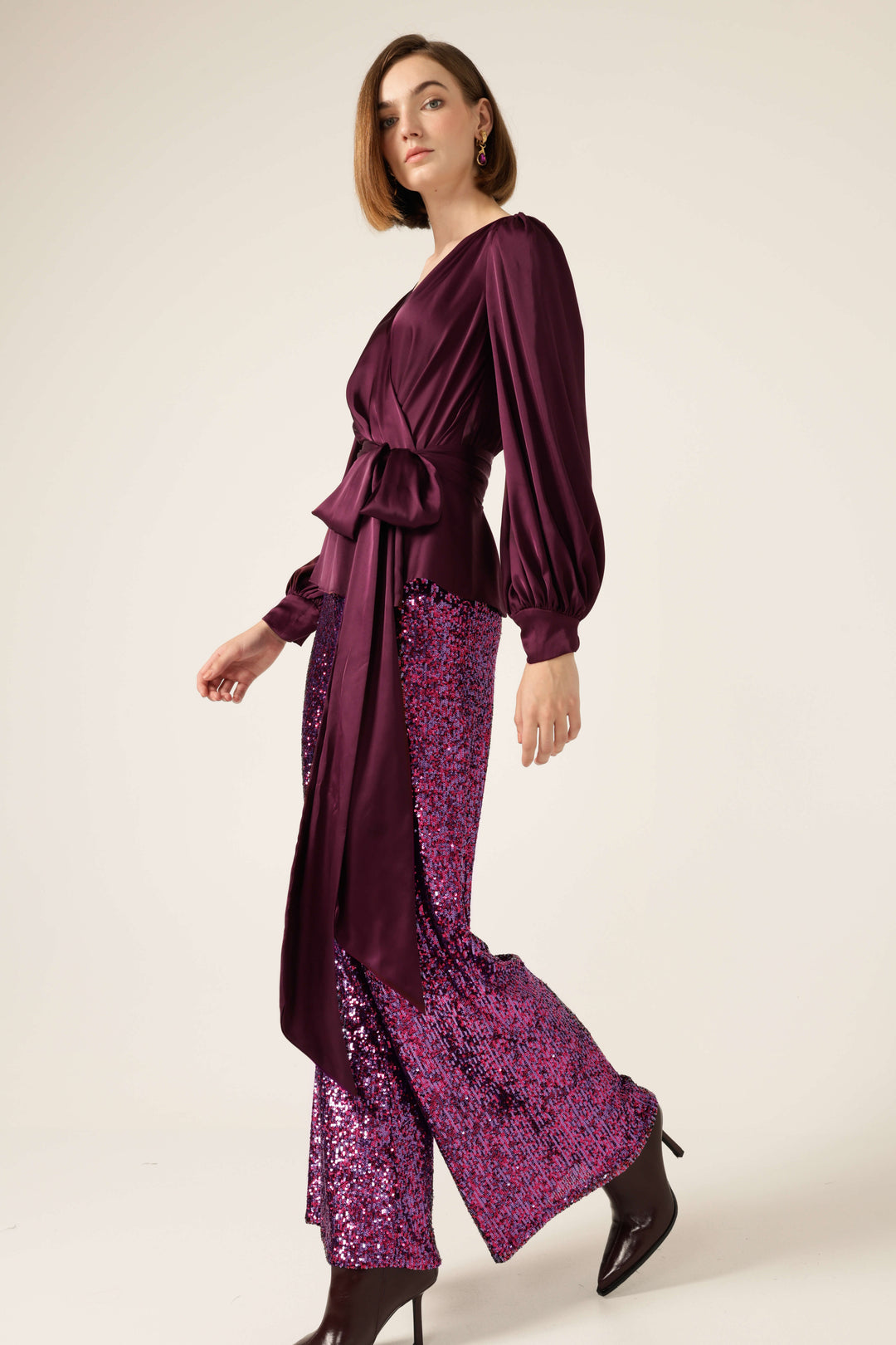Satin Faux Wrap Blouse - Black Cherry