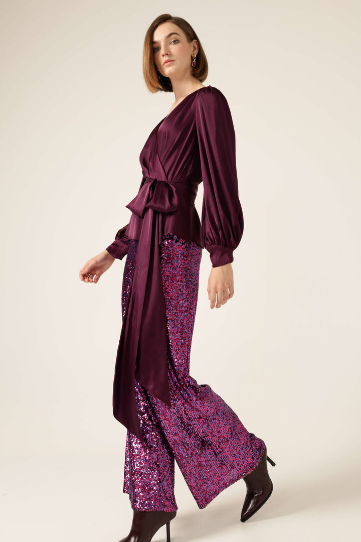 Satin Faux Wrap Blouse - Black Cherry