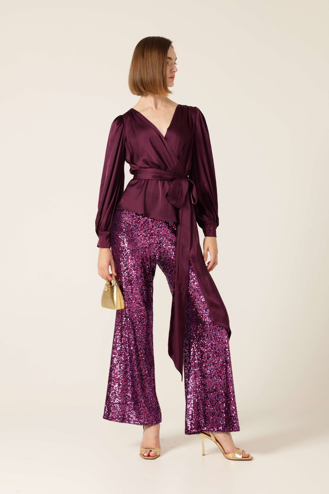 Satin Faux Wrap Blouse - Black Cherry