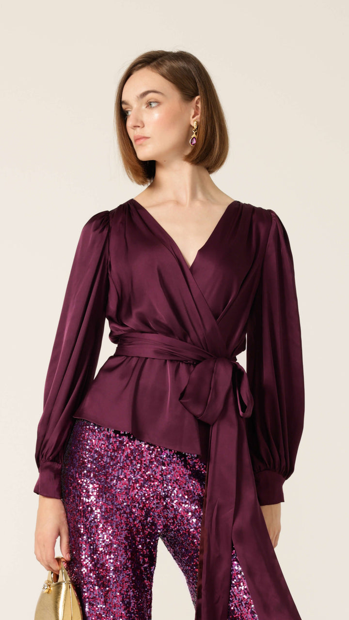 Satin Faux Wrap Blouse - Black Cherry