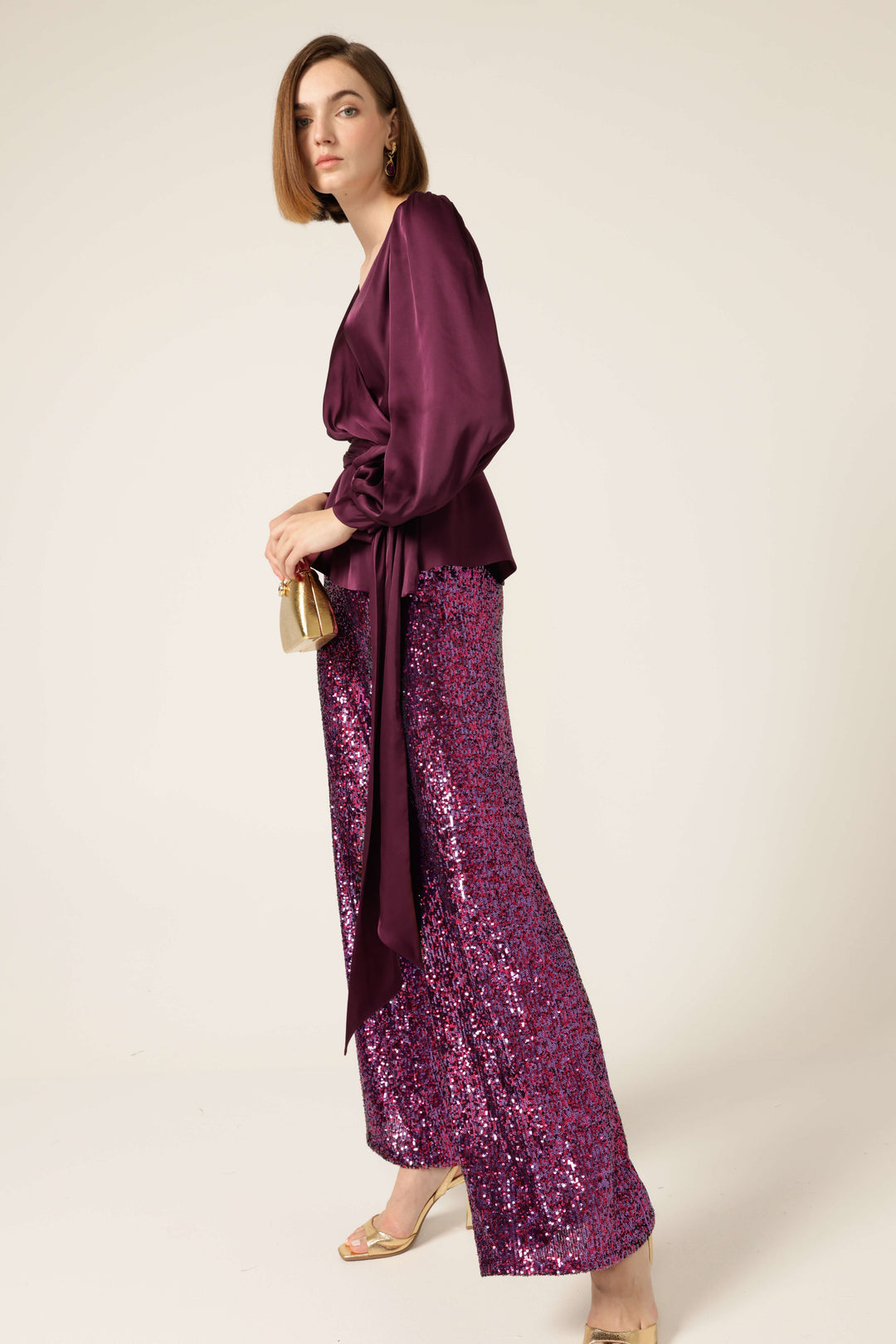Satin Faux Wrap Blouse - Black Cherry