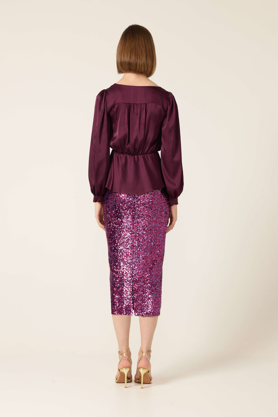 Satin Faux Wrap Blouse - Black Cherry