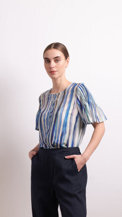 Draw The Line Blouse - Azure Stripe