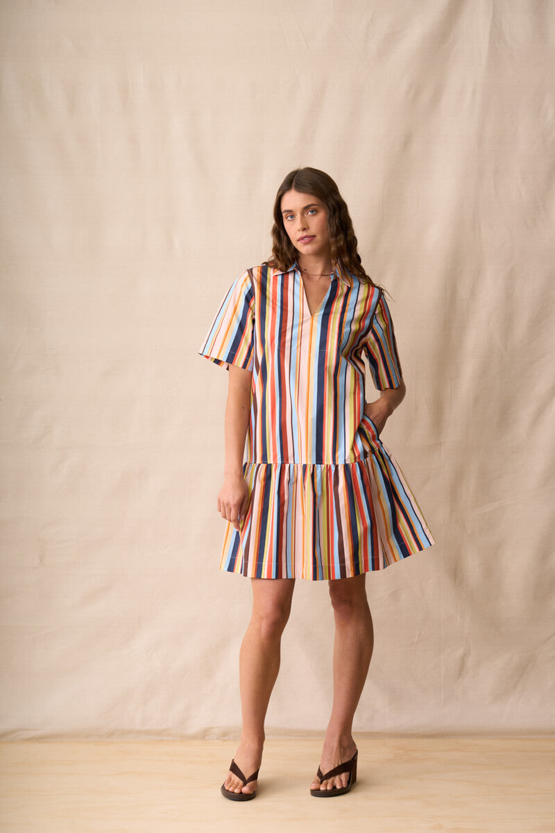 Multi-colored striped short-sleeve mini dress with tiered skirt and round neckline