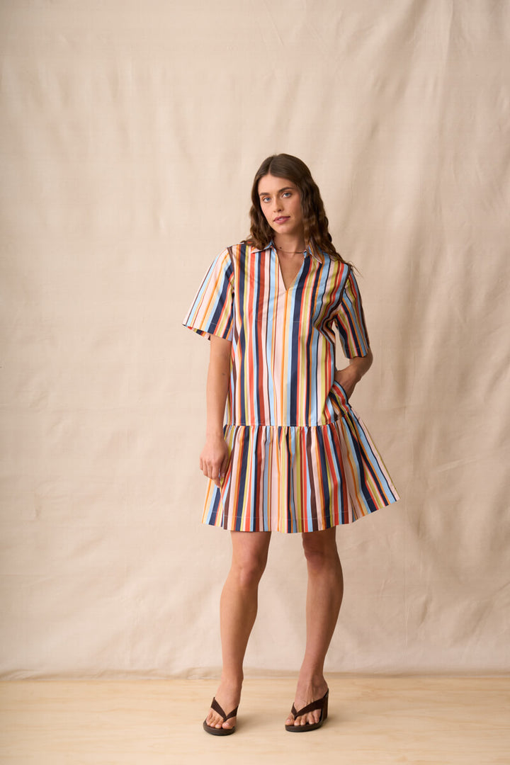 Multi-colored striped short-sleeve mini dress with tiered skirt and round neckline