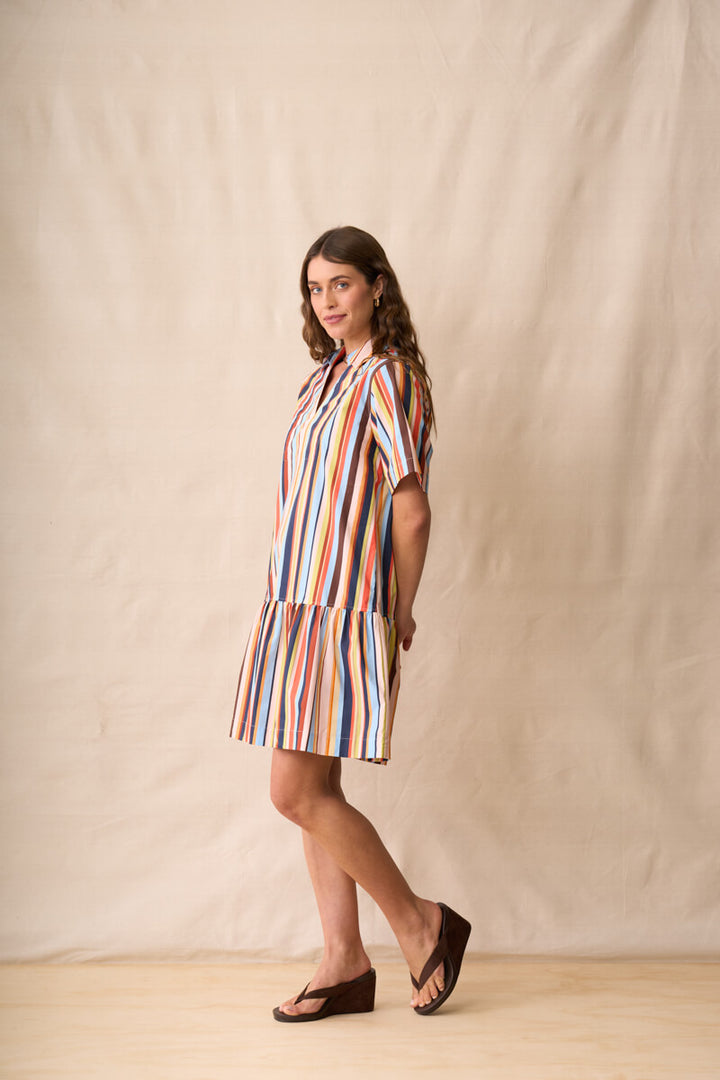 Multi-colored striped short-sleeve mini dress with tiered skirt and round neckline