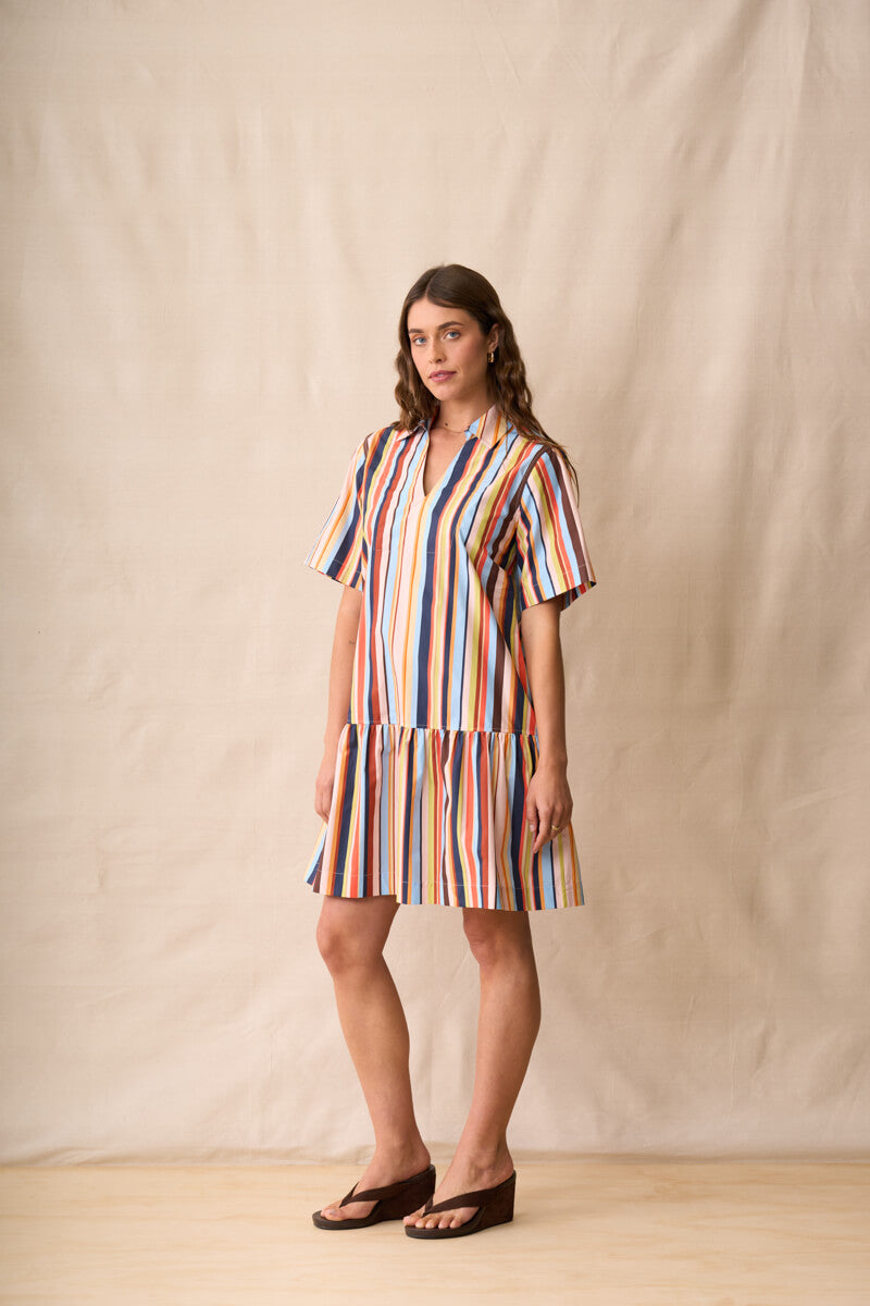 Multi-colored striped short-sleeve mini dress with tiered skirt, crew neckline
