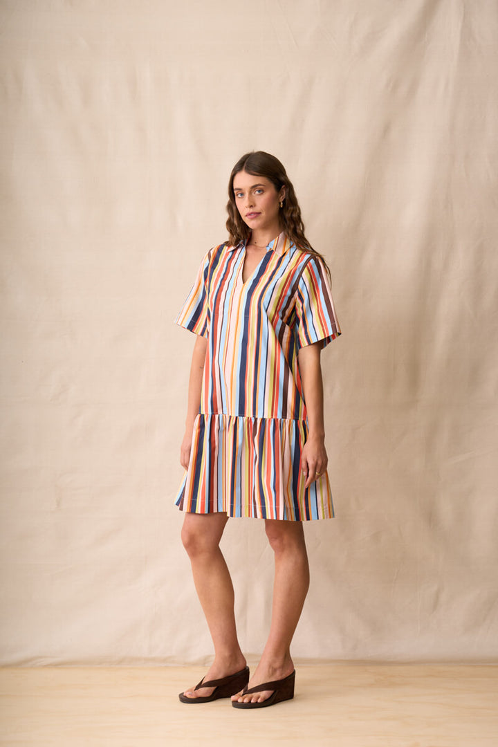 Multi-colored striped short-sleeve mini dress with tiered skirt, crew neckline
