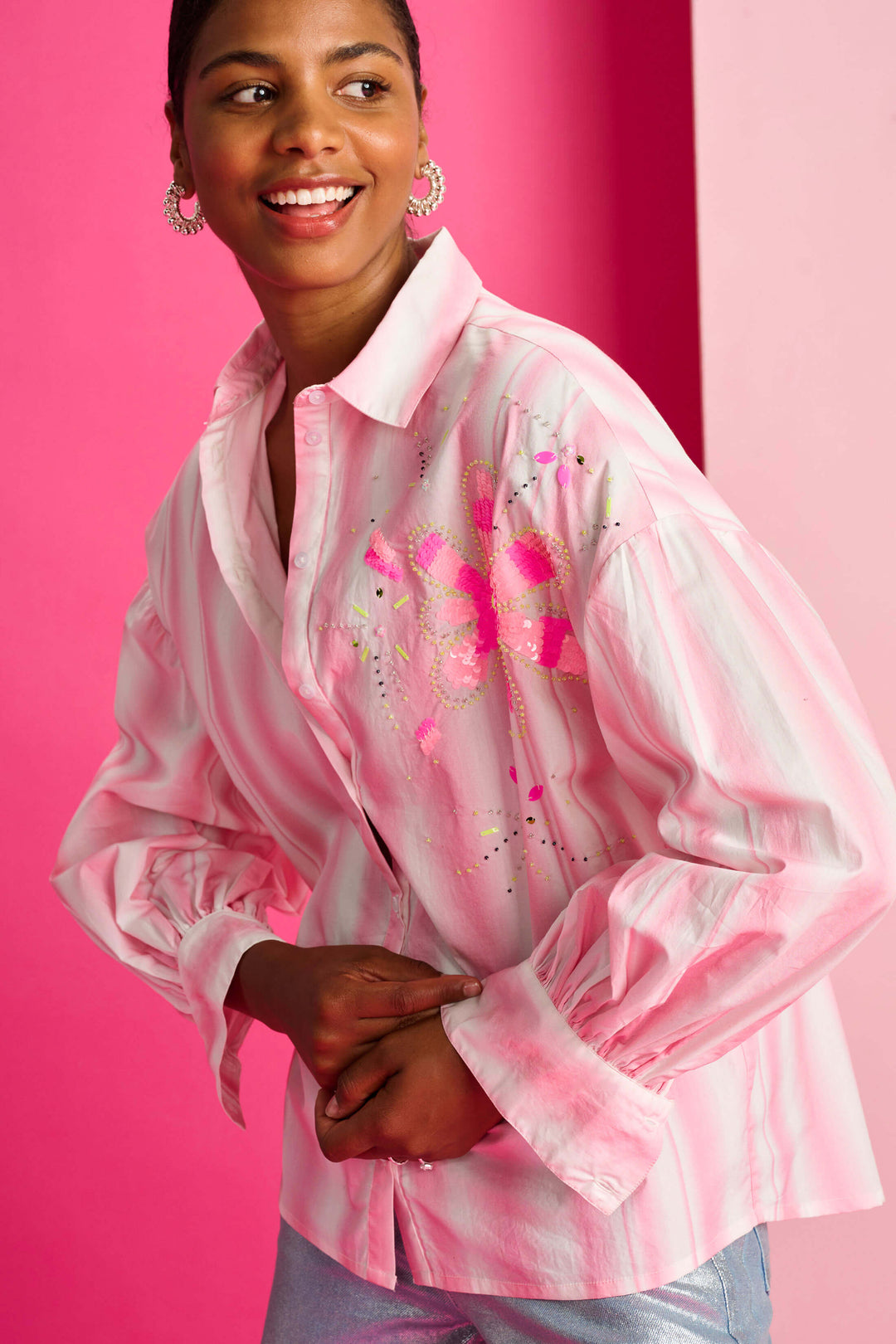 Pink Stripe Sequin Flower Shirt