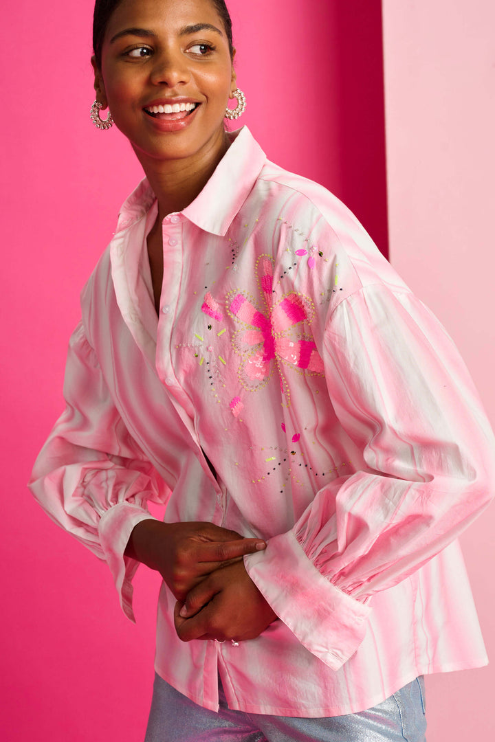 Pink Stripe Sequin Flower Shirt