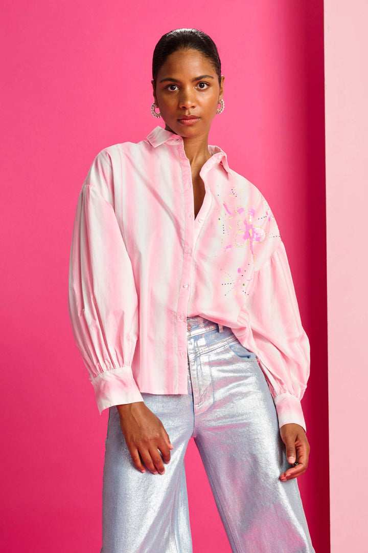 Pink Stripe Sequin Flower Shirt