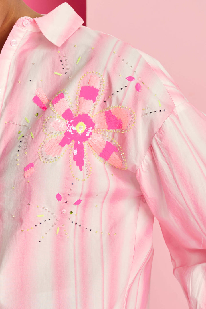 Pink Stripe Sequin Flower Shirt