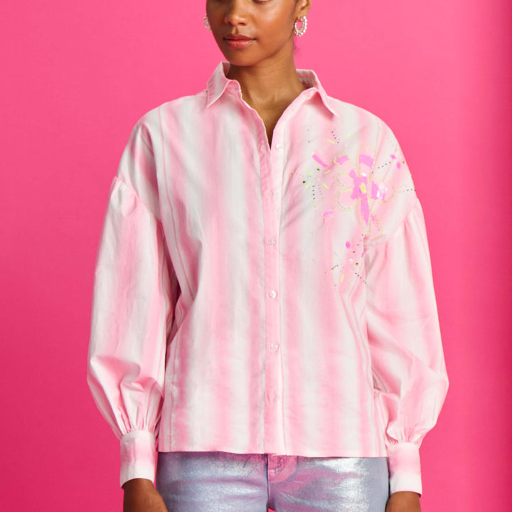 Pink Stripe Sequin Flower Shirt