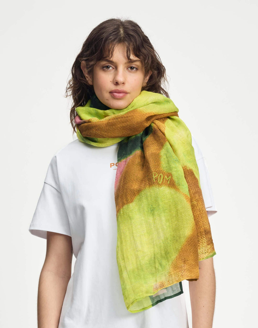Pom Amsterdam Summer Bliss shawl in lime green and brown with circular print