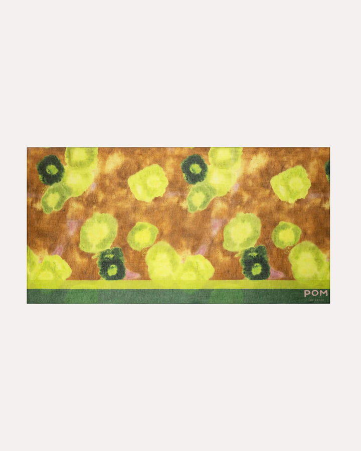 Summer Bliss shawl with lime-green circle print on brown background