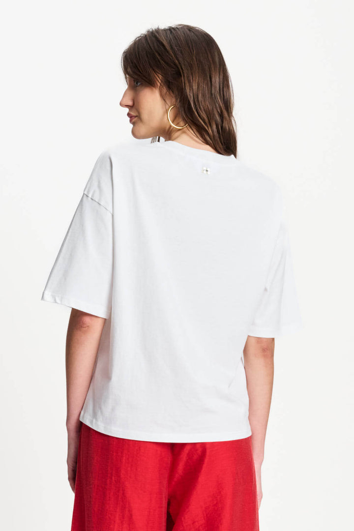 White T-shirt, back view with short sleeves and round crew neckline