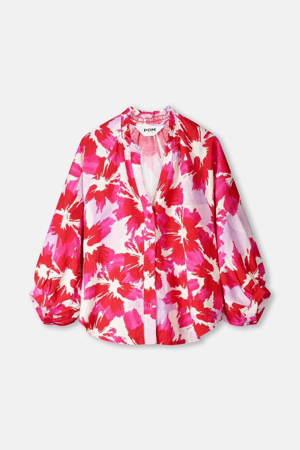 Pink and white tie-dye button blouse with V-neck and puff sleeves, front
